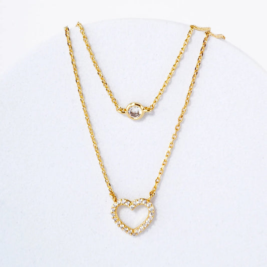Pave-Set CZ Heart Pendant 18K-Gold-Dipped Layered Necklace