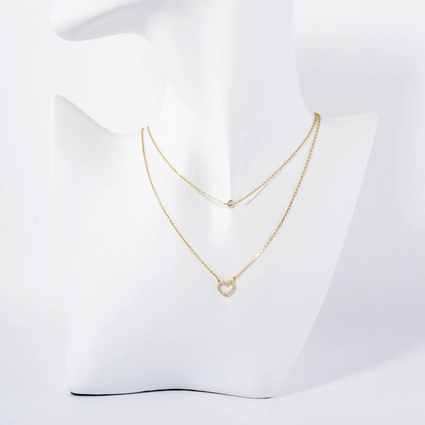 Pave-Set CZ Heart Pendant 18K-Gold-Dipped Layered Necklace