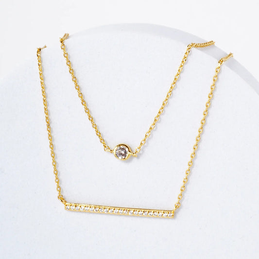 Pave-Set CZ Horizontal Bar Pendant 18K-Gold-Dipped Layered Necklace
