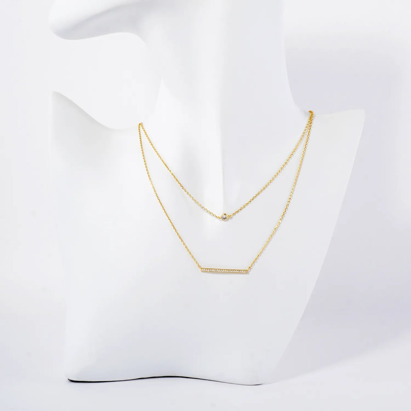 Pave-Set CZ Horizontal Bar Pendant 18K-Gold-Dipped Layered Necklace