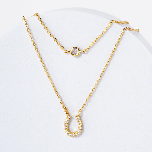 Pave-Set CZ Horseshoe Pendant 18K-Gold-Dipped Layered Necklace