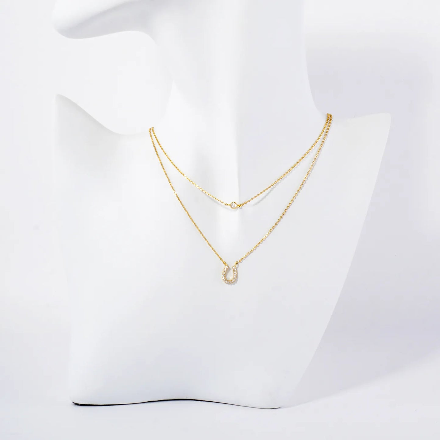 Pave-Set CZ Horseshoe Pendant 18K-Gold-Dipped Layered Necklace