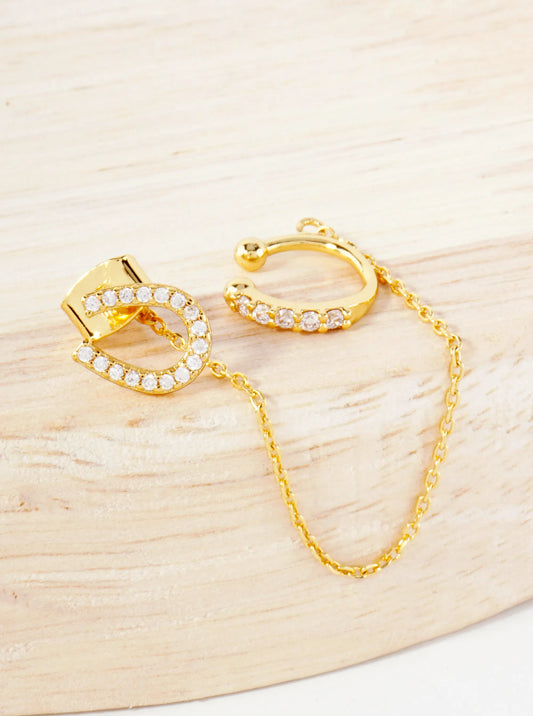 Pave-Set CZ Horseshoe Stud And Ear Cuff Drape Chain 18K-Gold-Dipped Earring Set