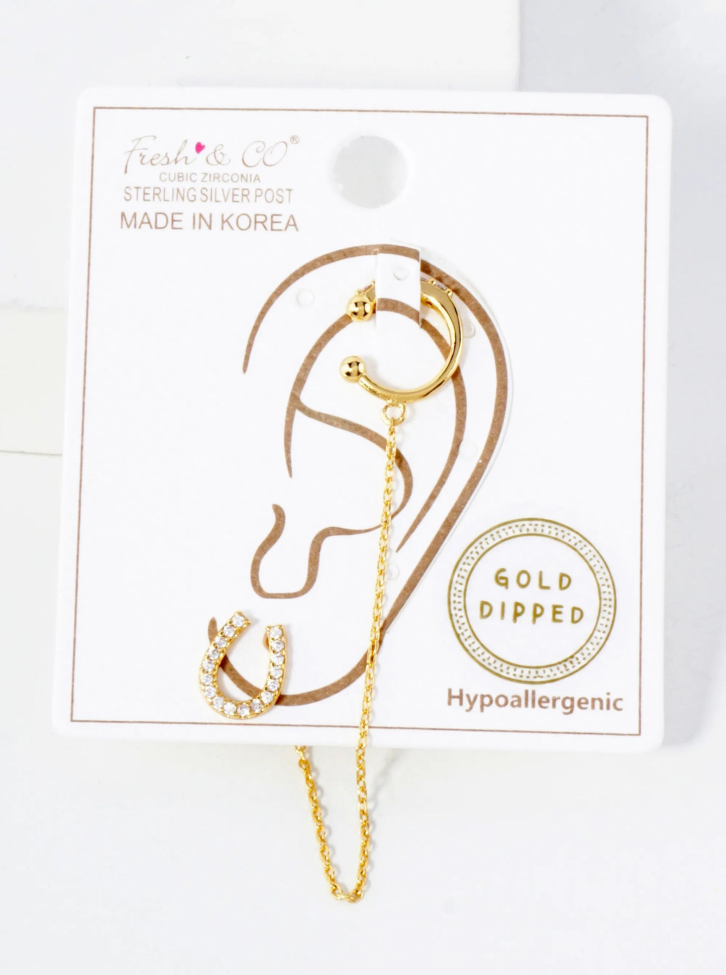 Pave-Set CZ Horseshoe Stud And Ear Cuff Drape Chain 18K-Gold-Dipped Earring Set
