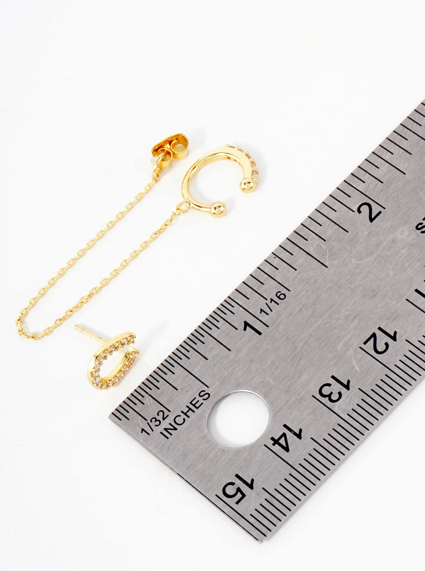 Pave-Set CZ Horseshoe Stud And Ear Cuff Drape Chain 18K-Gold-Dipped Earring Set