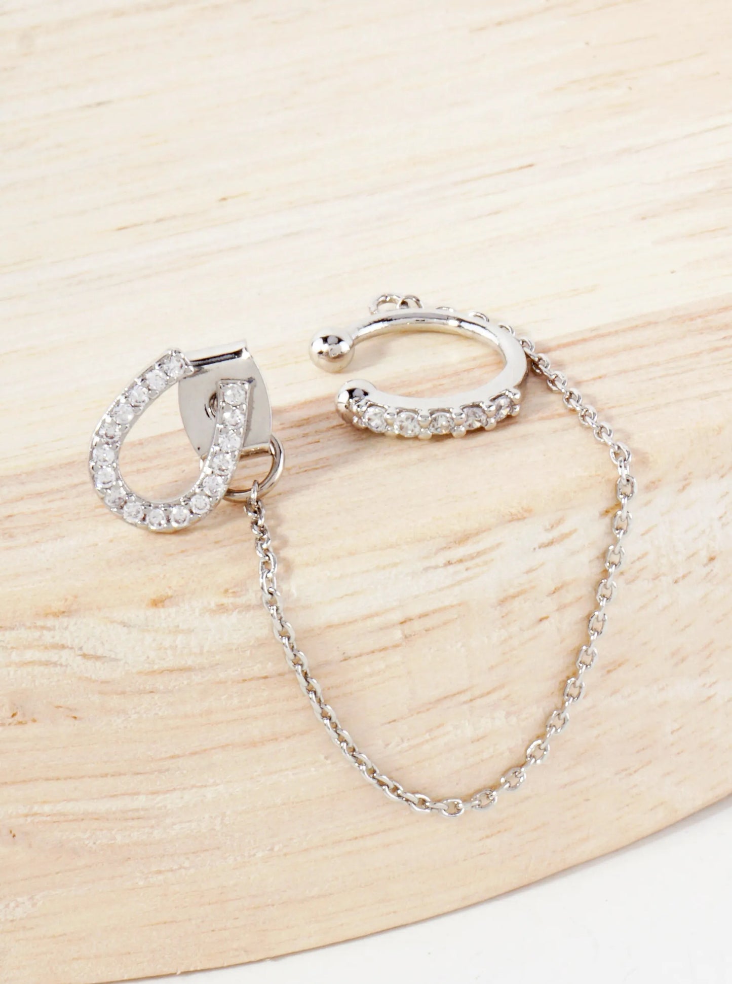 Pave-Set CZ Horseshoe Stud And Ear Cuff Drape Chain 18K-Gold-Dipped Earring Set