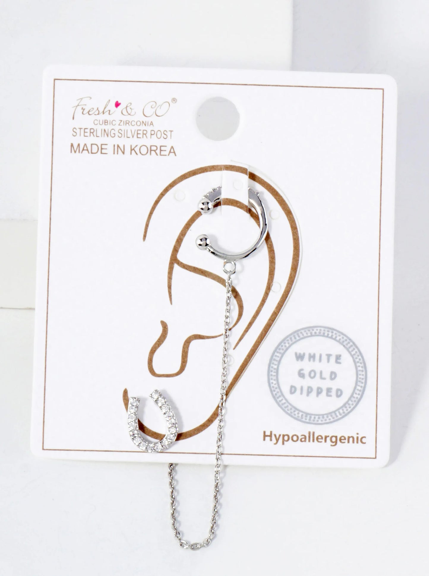 Pave-Set CZ Horseshoe Stud And Ear Cuff Drape Chain 18K-Gold-Dipped Earring Set
