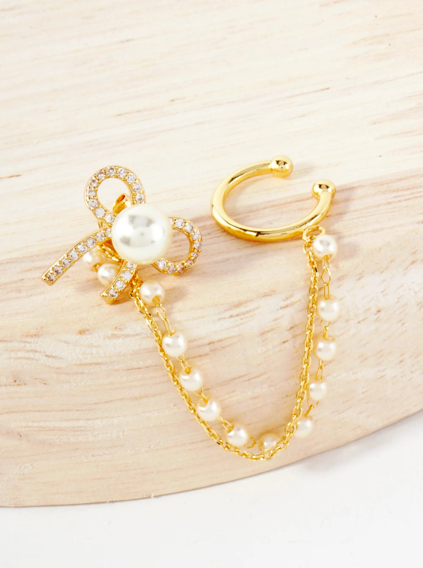 Pave-Set CZ Pearl Bow Stud And Ear Cuff Drape Chain 18K-Gold-Dipped Earring Set