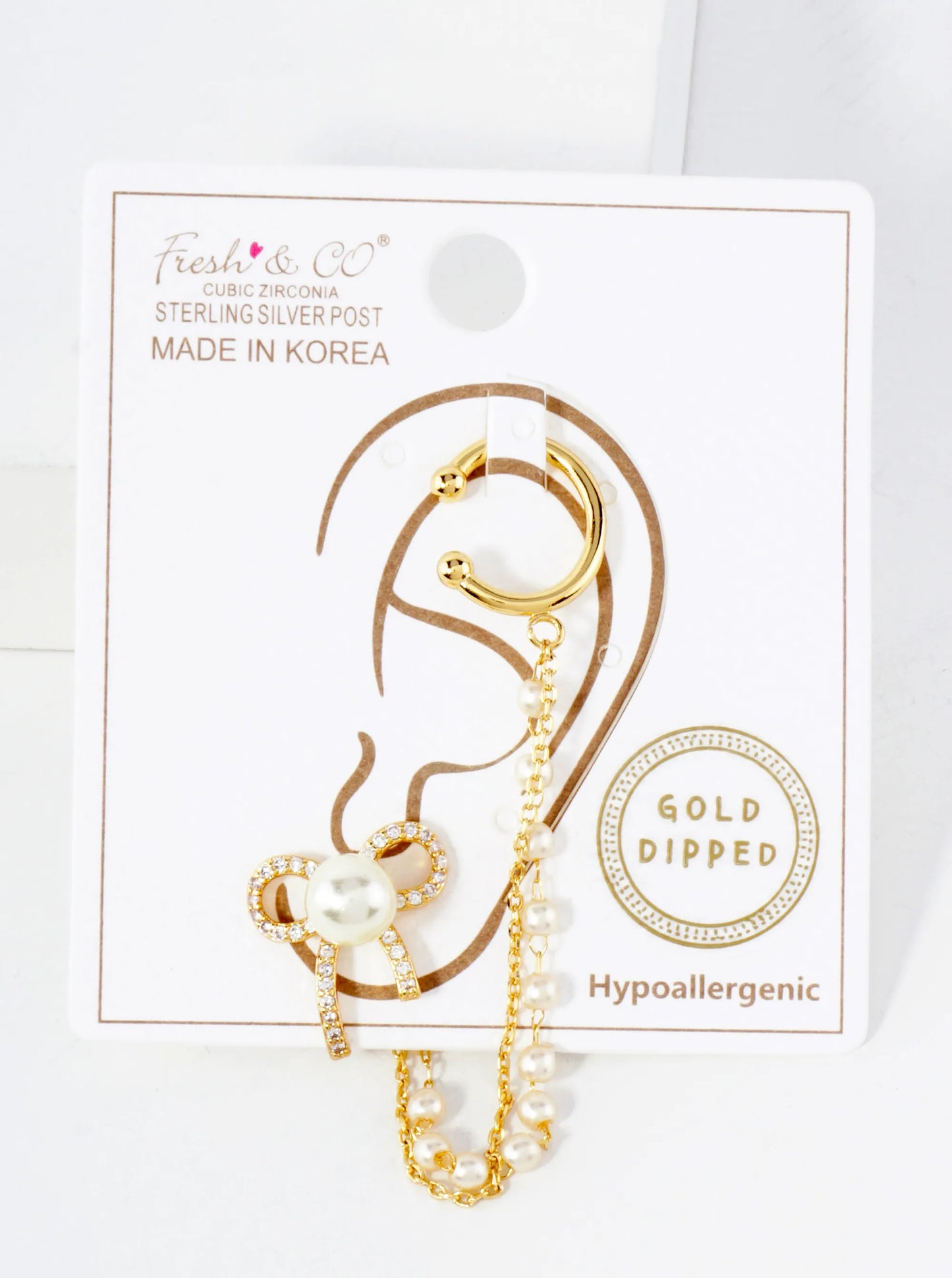 Pave-Set CZ Pearl Bow Stud And Ear Cuff Drape Chain 18K-Gold-Dipped Earring Set
