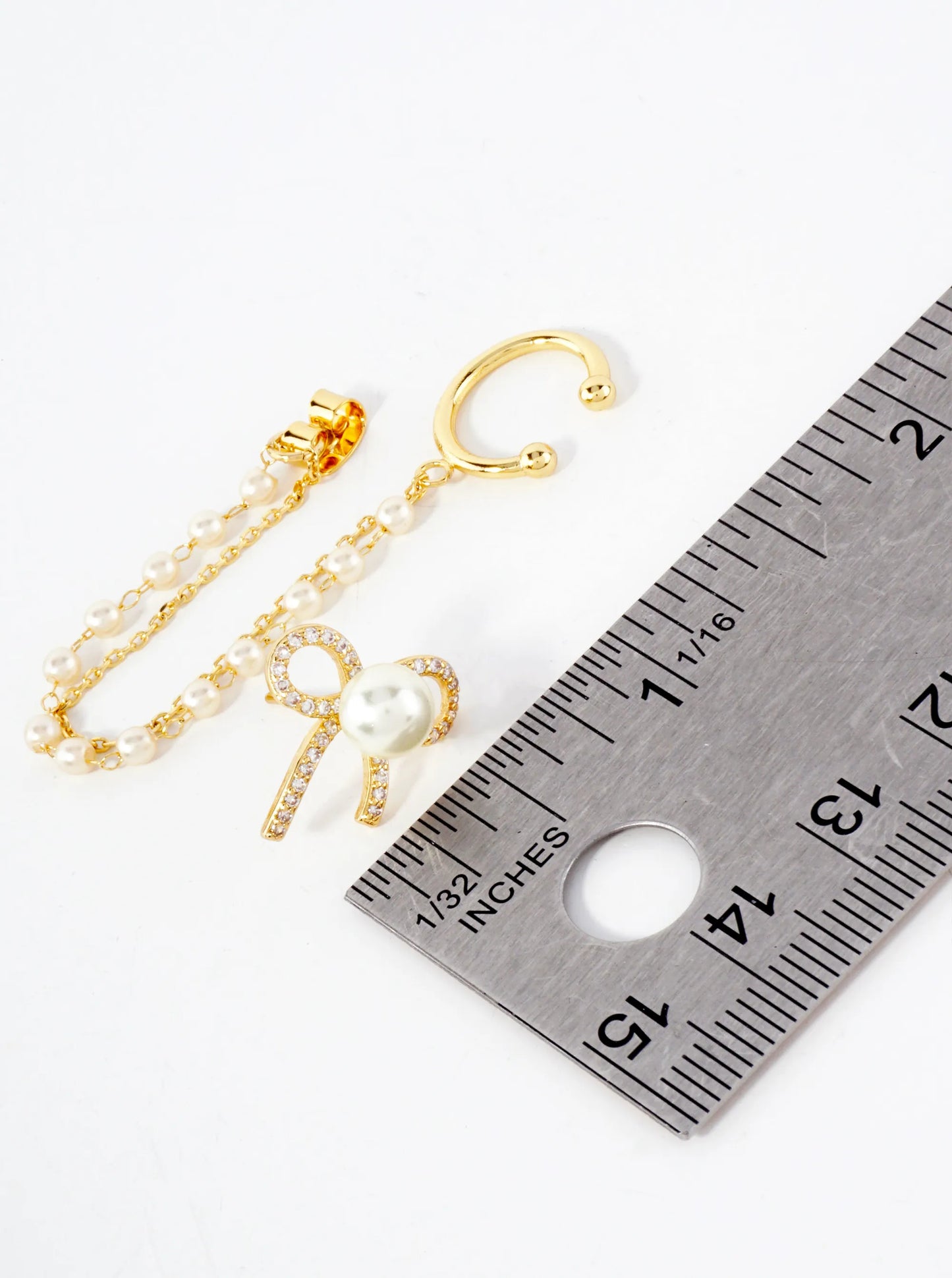 Pave-Set CZ Pearl Bow Stud And Ear Cuff Drape Chain 18K-Gold-Dipped Earring Set