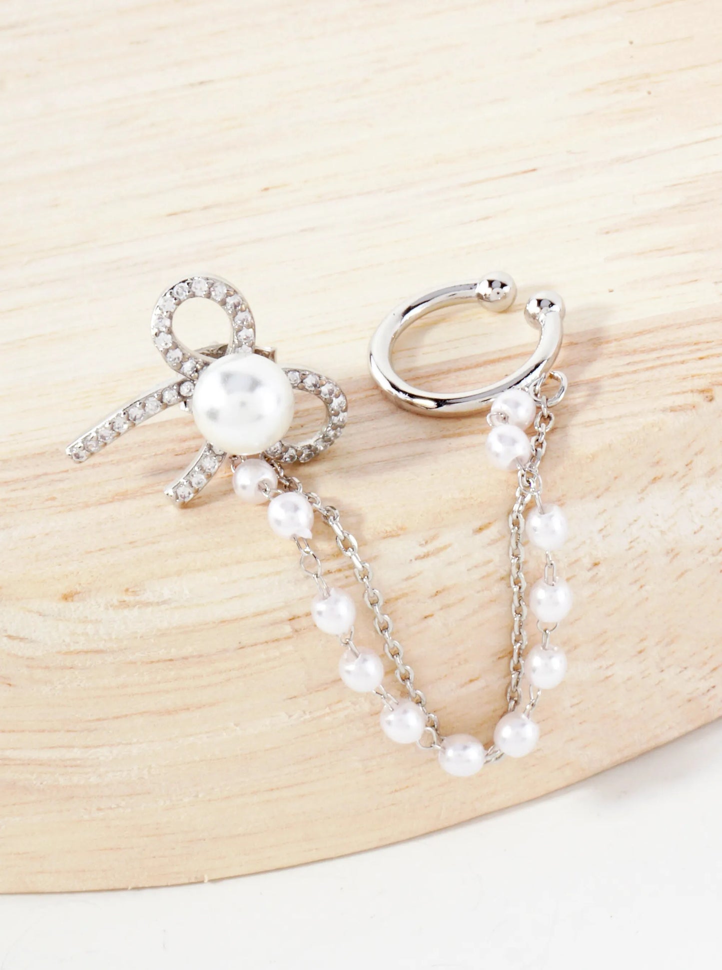 Pave-Set CZ Pearl Bow Stud And Ear Cuff Drape Chain 18K-Gold-Dipped Earring Set