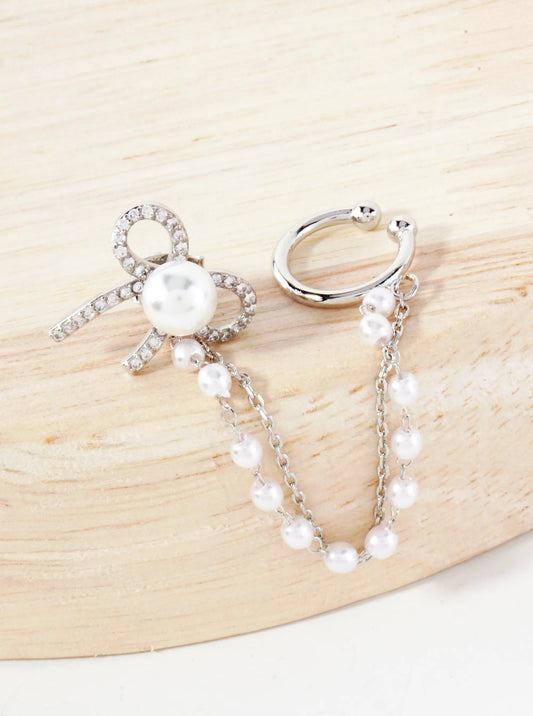 Pave-Set CZ Pearl Bow Stud And Ear Cuff Drape Chain 18K-Gold-Dipped Earring Set