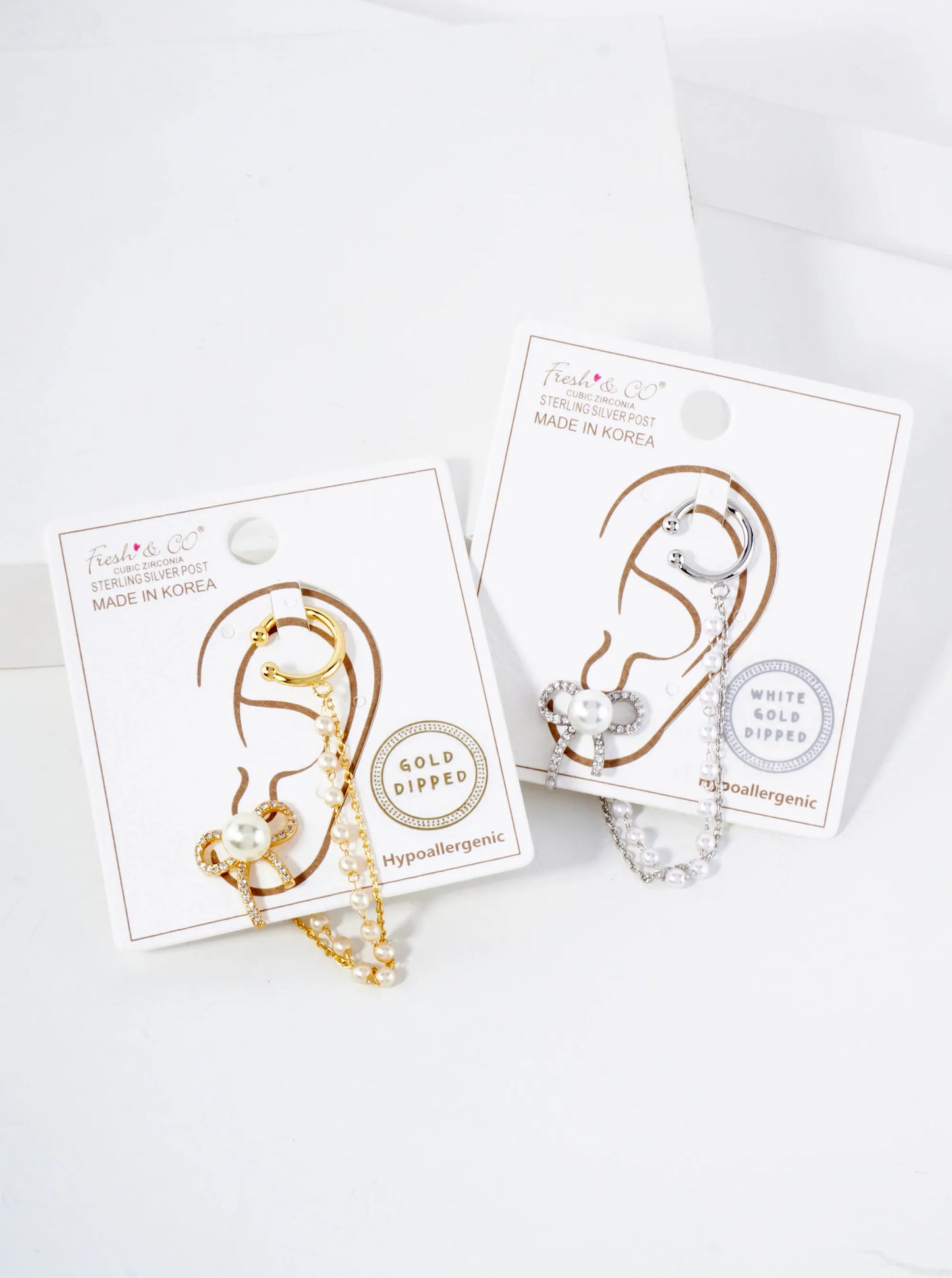 Pave-Set CZ Pearl Bow Stud And Ear Cuff Drape Chain 18K-Gold-Dipped Earring Set