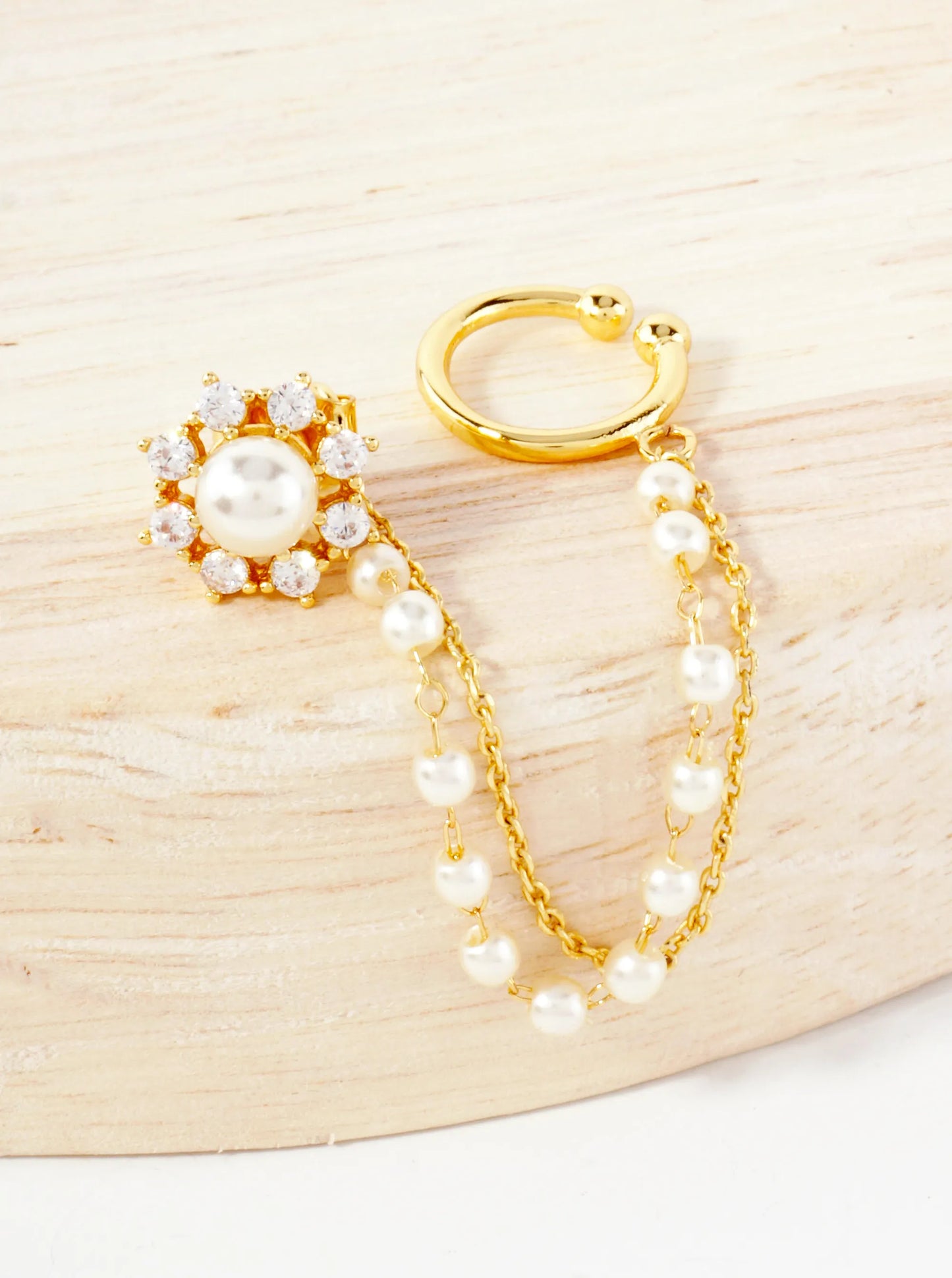 Pave-Set CZ Pearl Flower Stud And Ear Cuff Drape Chain 18K-Gold-Dipped Earring Set
