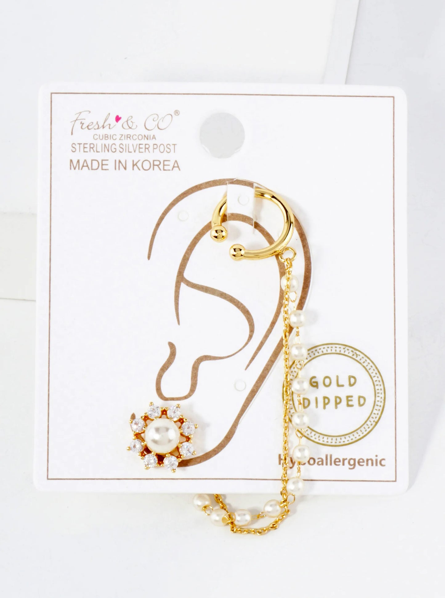 Pave-Set CZ Pearl Flower Stud And Ear Cuff Drape Chain 18K-Gold-Dipped Earring Set