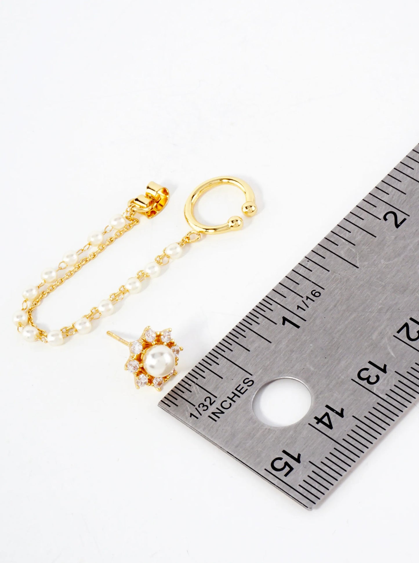 Pave-Set CZ Pearl Flower Stud And Ear Cuff Drape Chain 18K-Gold-Dipped Earring Set