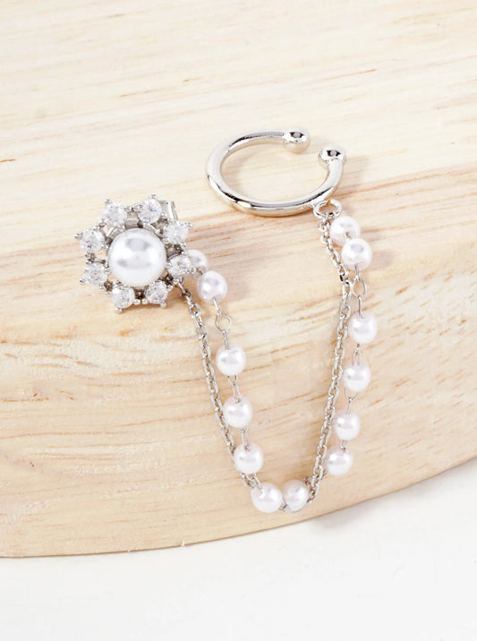 Pave-Set CZ Pearl Flower Stud And Ear Cuff Drape Chain 18K-Gold-Dipped Earring Set