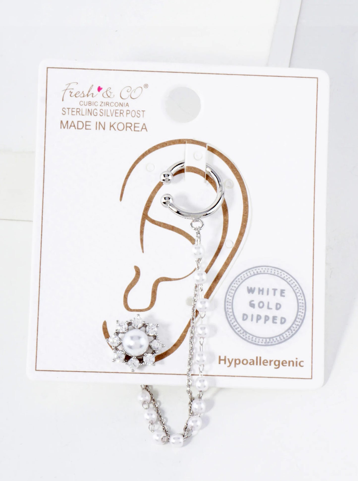 Pave-Set CZ Pearl Flower Stud And Ear Cuff Drape Chain 18K-Gold-Dipped Earring Set