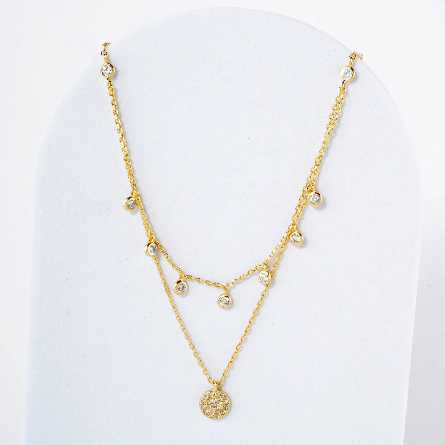 Pave-Set CZ Pendant 18K-Gold-Dipped Layered Necklace