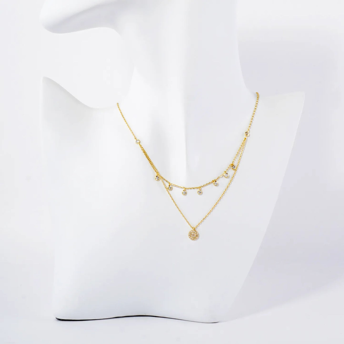 Pave-Set CZ Pendant 18K-Gold-Dipped Layered Necklace