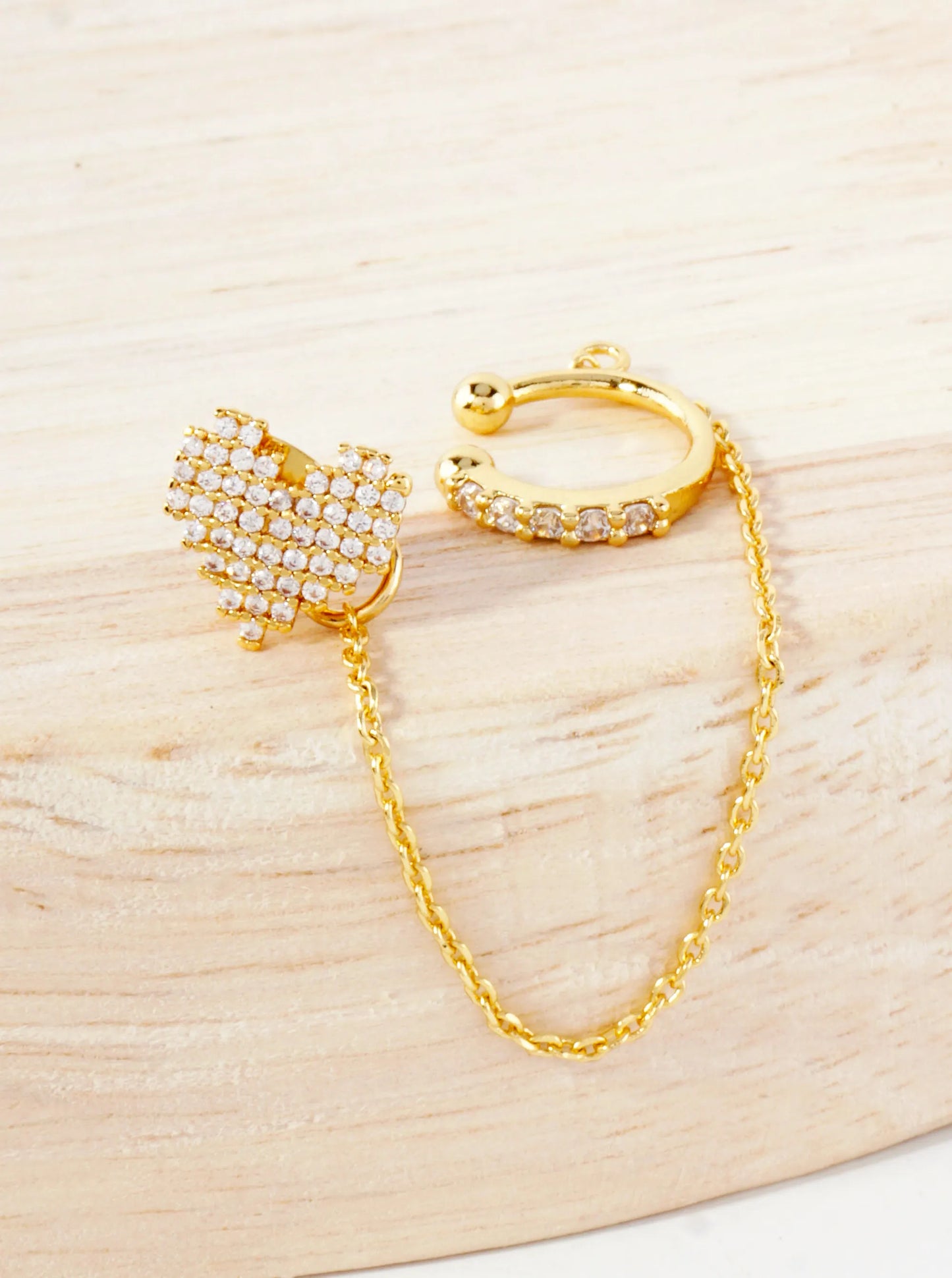 Pave-Set CZ Pixel Heart Stud And Ear Cuff Drape Chain 18K-Gold-Dipped Earring Set