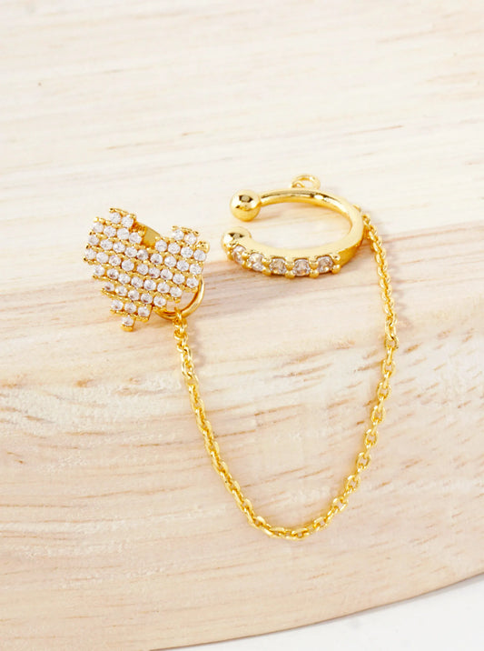 Pave-Set CZ Pixel Heart Stud And Ear Cuff Drape Chain 18K-Gold-Dipped Earring Set