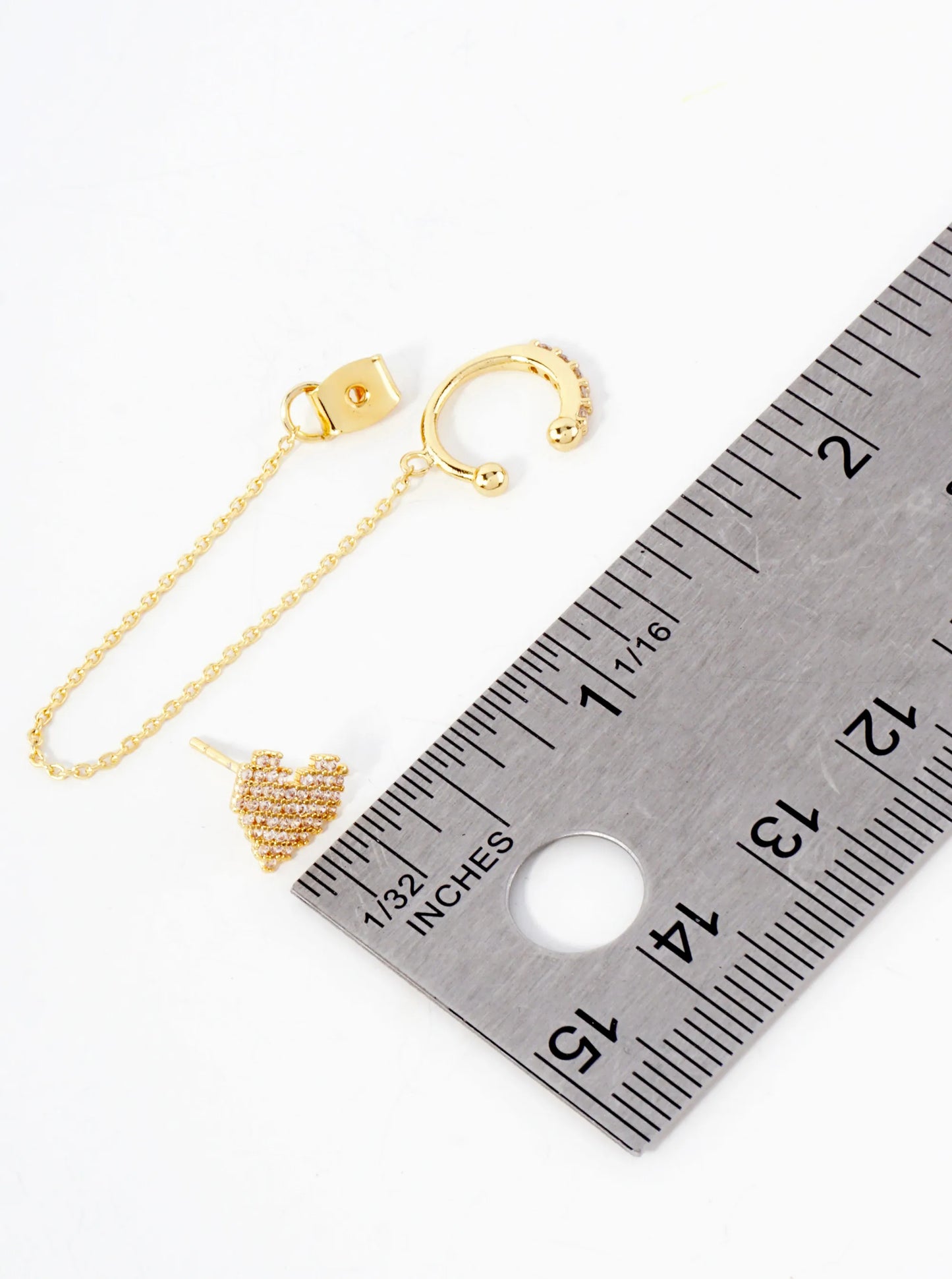 Pave-Set CZ Pixel Heart Stud And Ear Cuff Drape Chain 18K-Gold-Dipped Earring Set