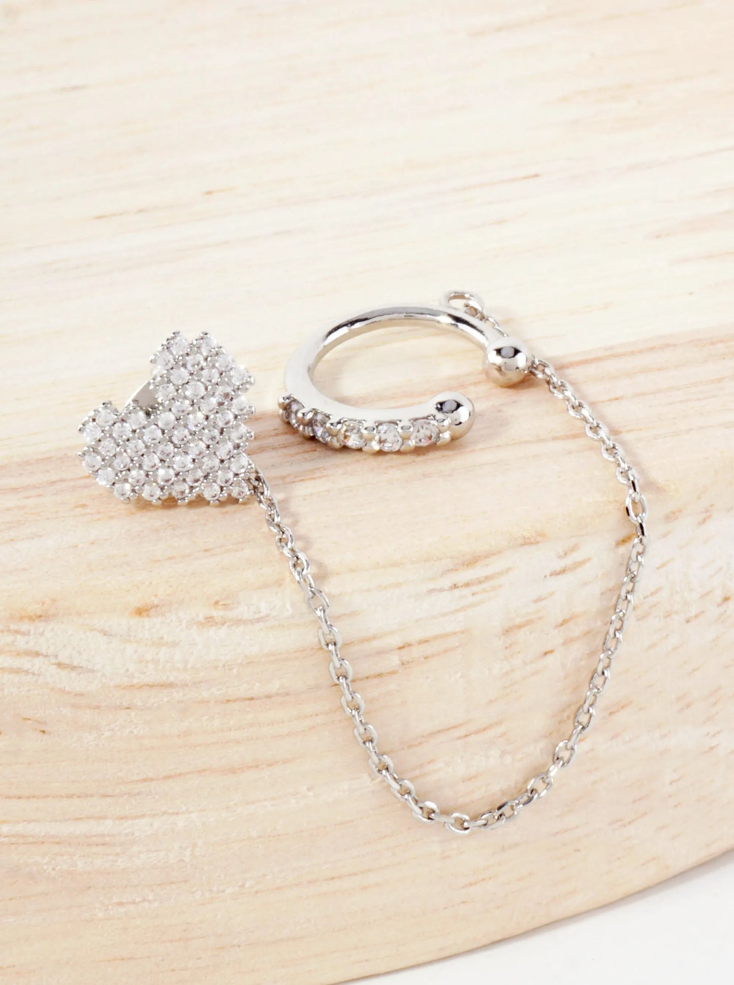 Pave-Set CZ Pixel Heart Stud And Ear Cuff Drape Chain 18K-Gold-Dipped Earring Set