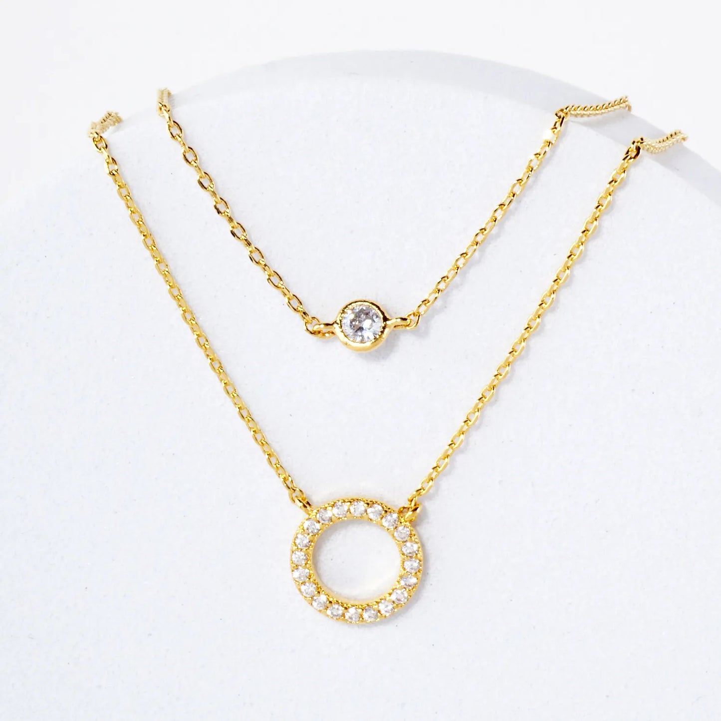 Pave-Set CZ Round Pendant 18K-Gold-Dipped Layered Necklace