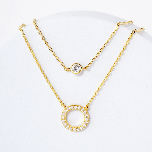 Pave-Set CZ Round Pendant 18K-Gold-Dipped Layered Necklace