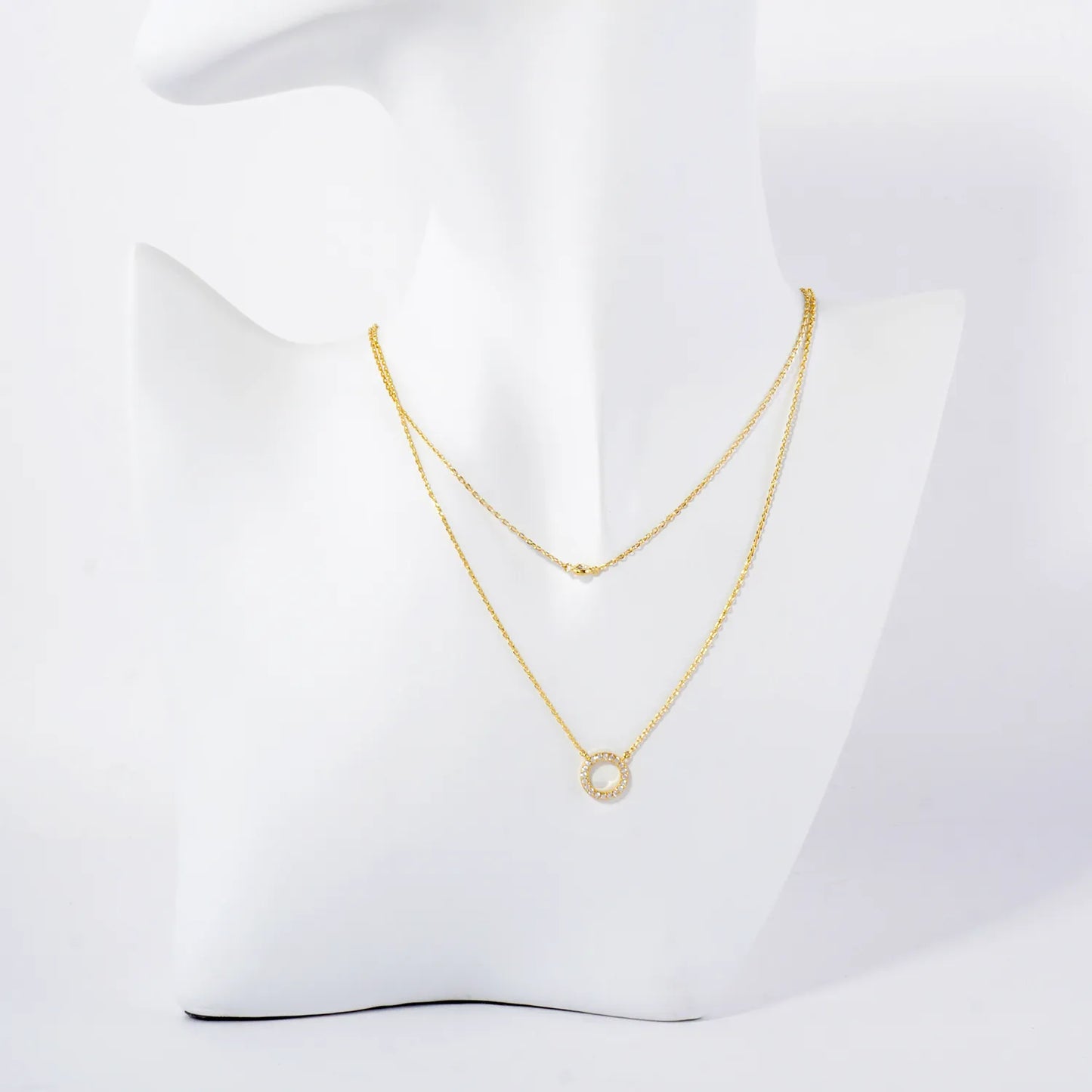 Pave-Set CZ Round Pendant 18K-Gold-Dipped Layered Necklace