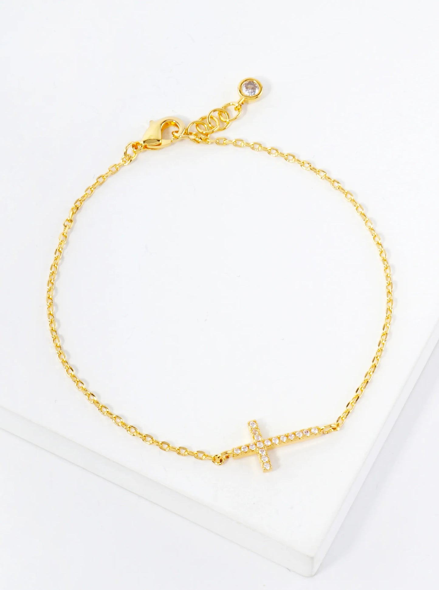 Pave-Set CZ Sideways Cross Accents 18K-Gold-Dipped Chain Bracelet
