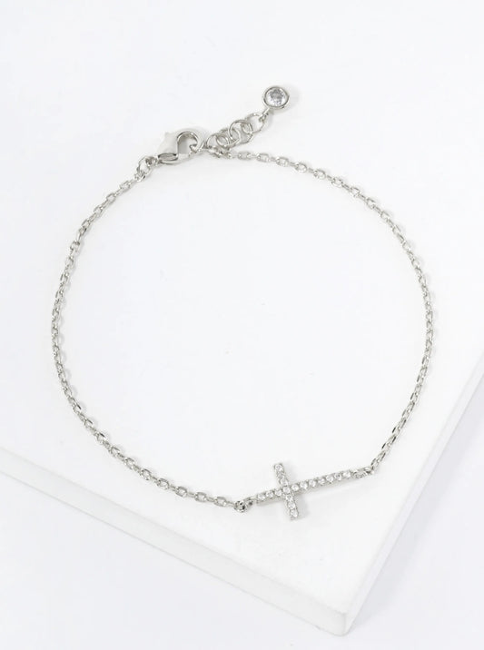 Pave-Set CZ Sideways Cross Accents 18K-Gold-Dipped Chain Bracelet