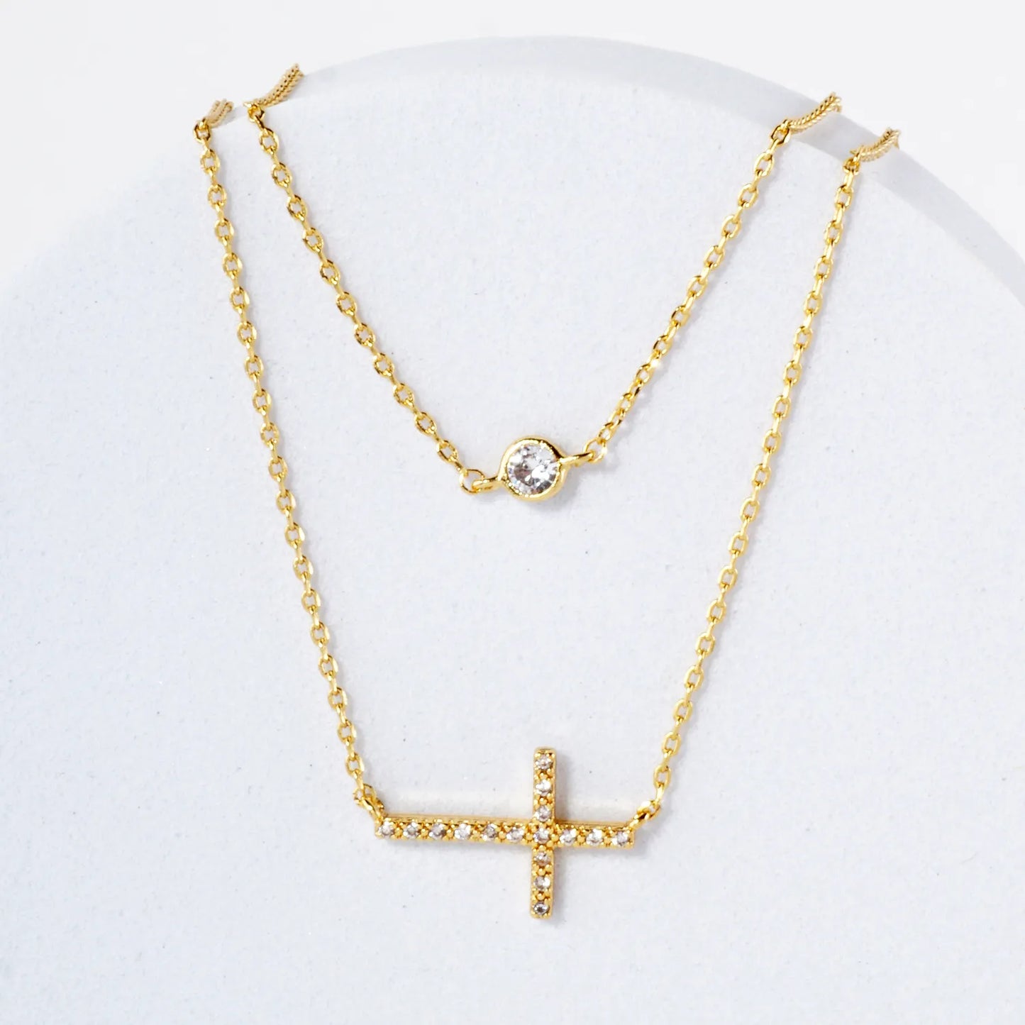 Pave-Set CZ Sideways Cross Pendant 18K-Gold-Dipped Layered Necklace