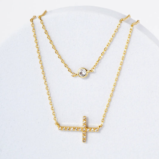 Pave-Set CZ Sideways Cross Pendant 18K-Gold-Dipped Layered Necklace