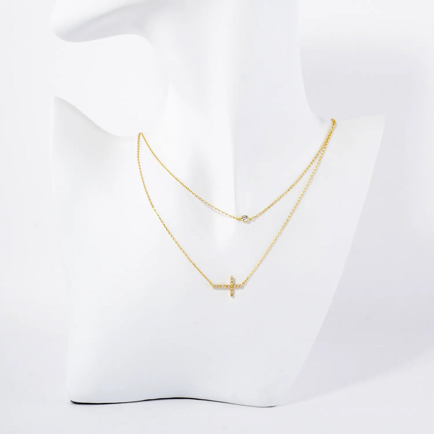 Pave-Set CZ Sideways Cross Pendant 18K-Gold-Dipped Layered Necklace