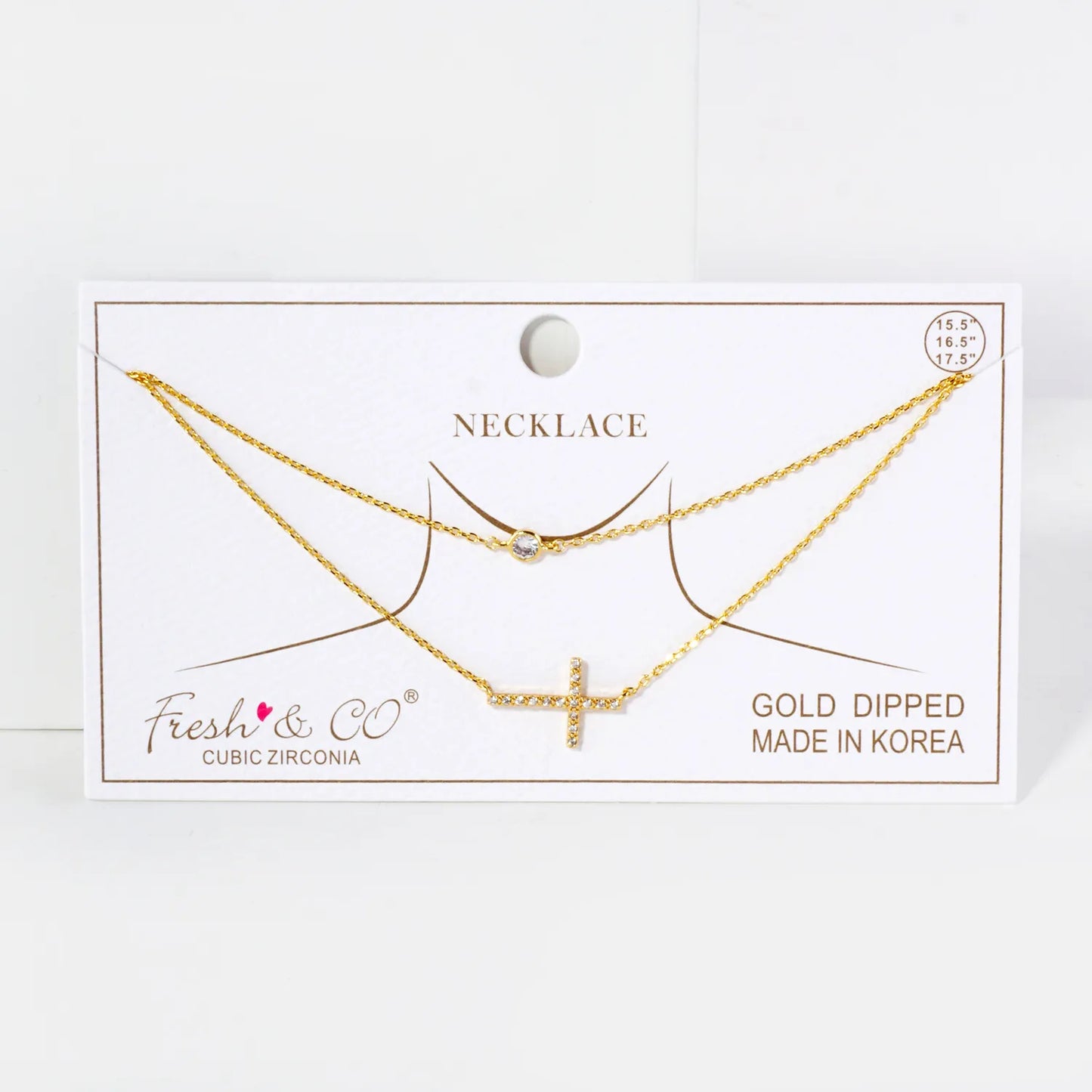 Pave-Set CZ Sideways Cross Pendant 18K-Gold-Dipped Layered Necklace
