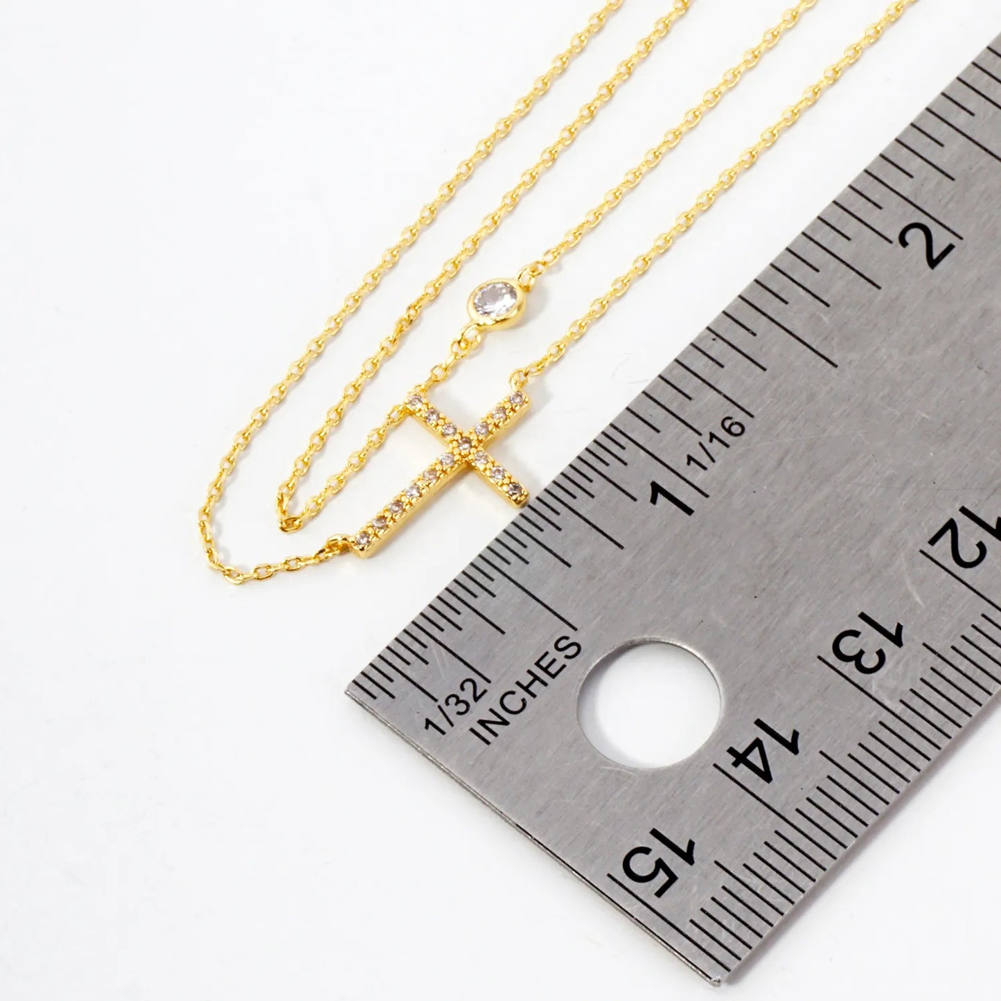 Pave-Set CZ Sideways Cross Pendant 18K-Gold-Dipped Layered Necklace