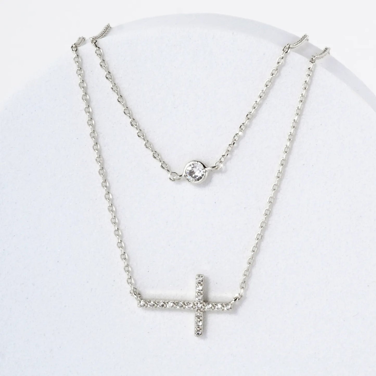 Pave-Set CZ Sideways Cross Pendant 18K-Gold-Dipped Layered Necklace