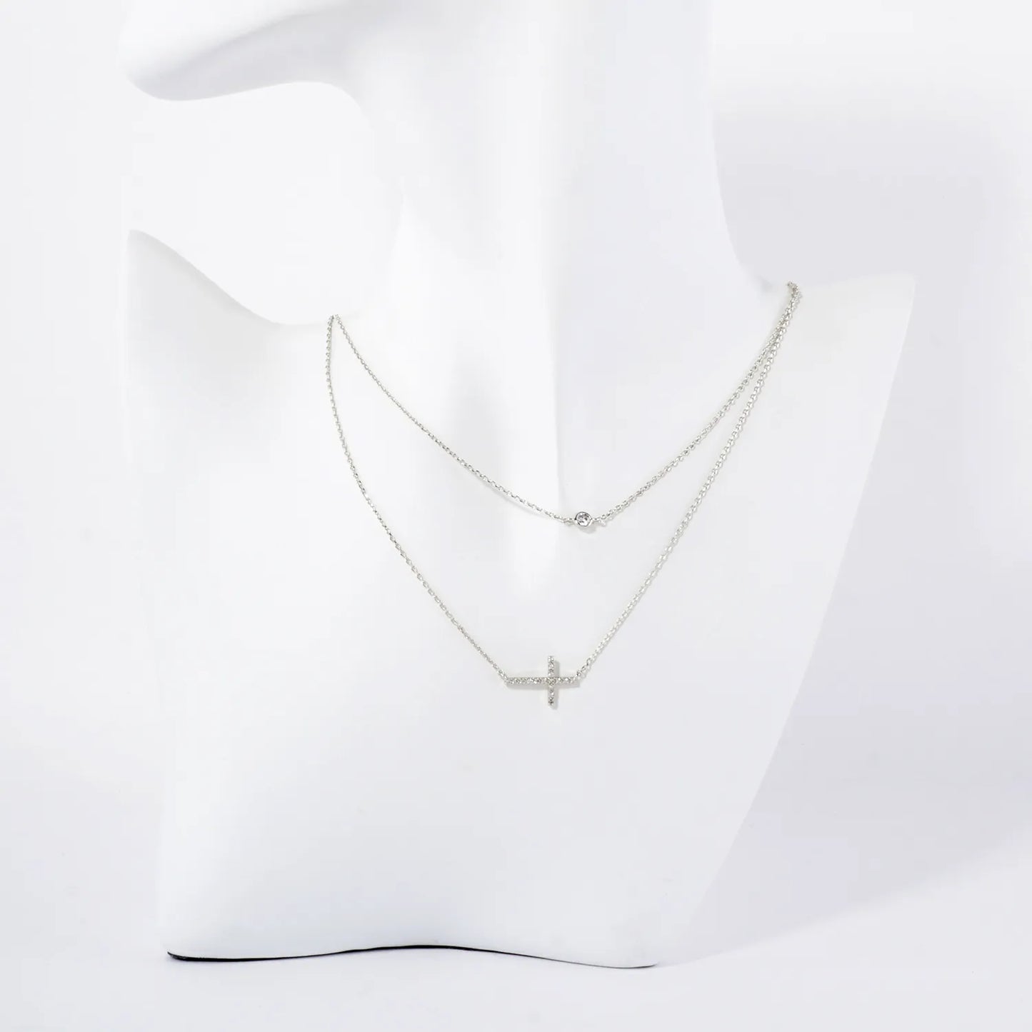 Pave-Set CZ Sideways Cross Pendant 18K-Gold-Dipped Layered Necklace