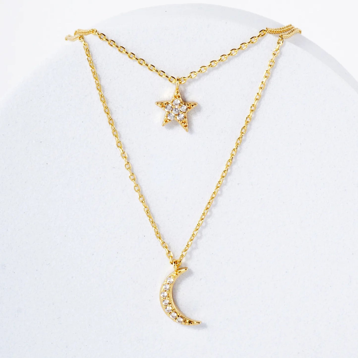 Pave-Set CZ Star Moon Pendant 18K-Gold-Dipped Layered Necklace