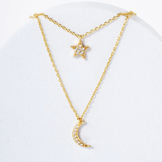Pave-Set CZ Star Moon Pendant 18K-Gold-Dipped Layered Necklace