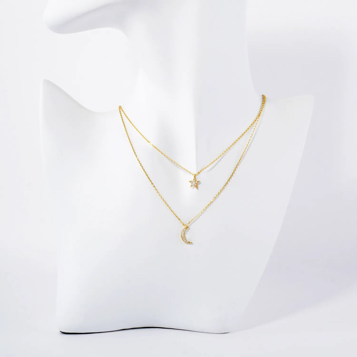Pave-Set CZ Star Moon Pendant 18K-Gold-Dipped Layered Necklace