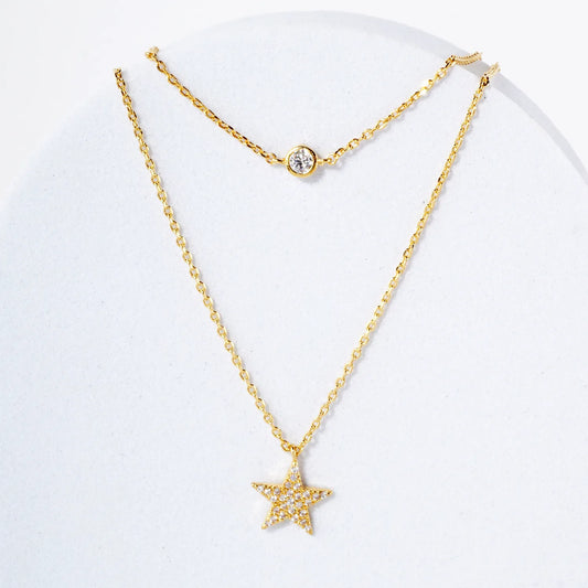 Pave-Set CZ Star Pendant 18K-Gold-Dipped Layered Necklace