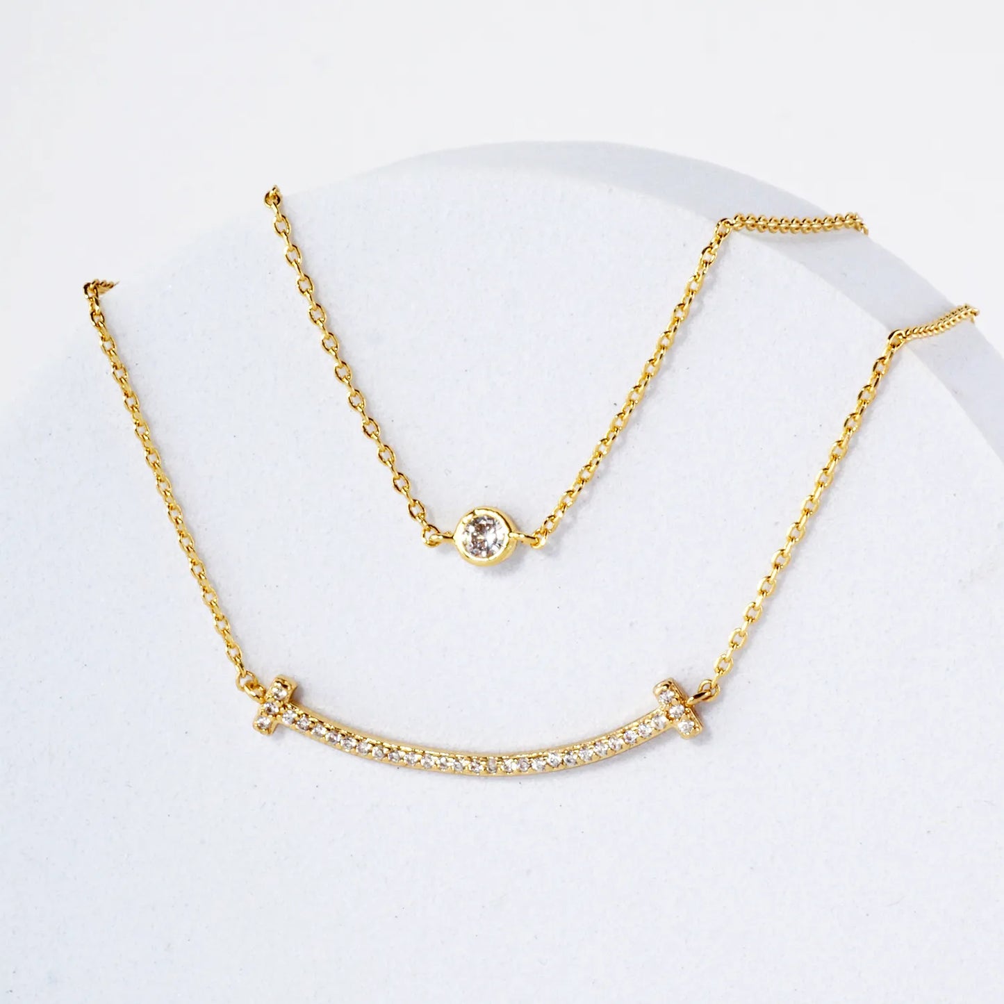 Pave-Set CZ T Smile Pendant 18K-Gold-Dipped Layered Necklace