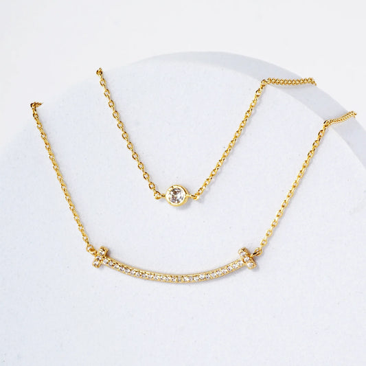 Pave-Set CZ T Smile Pendant 18K-Gold-Dipped Layered Necklace