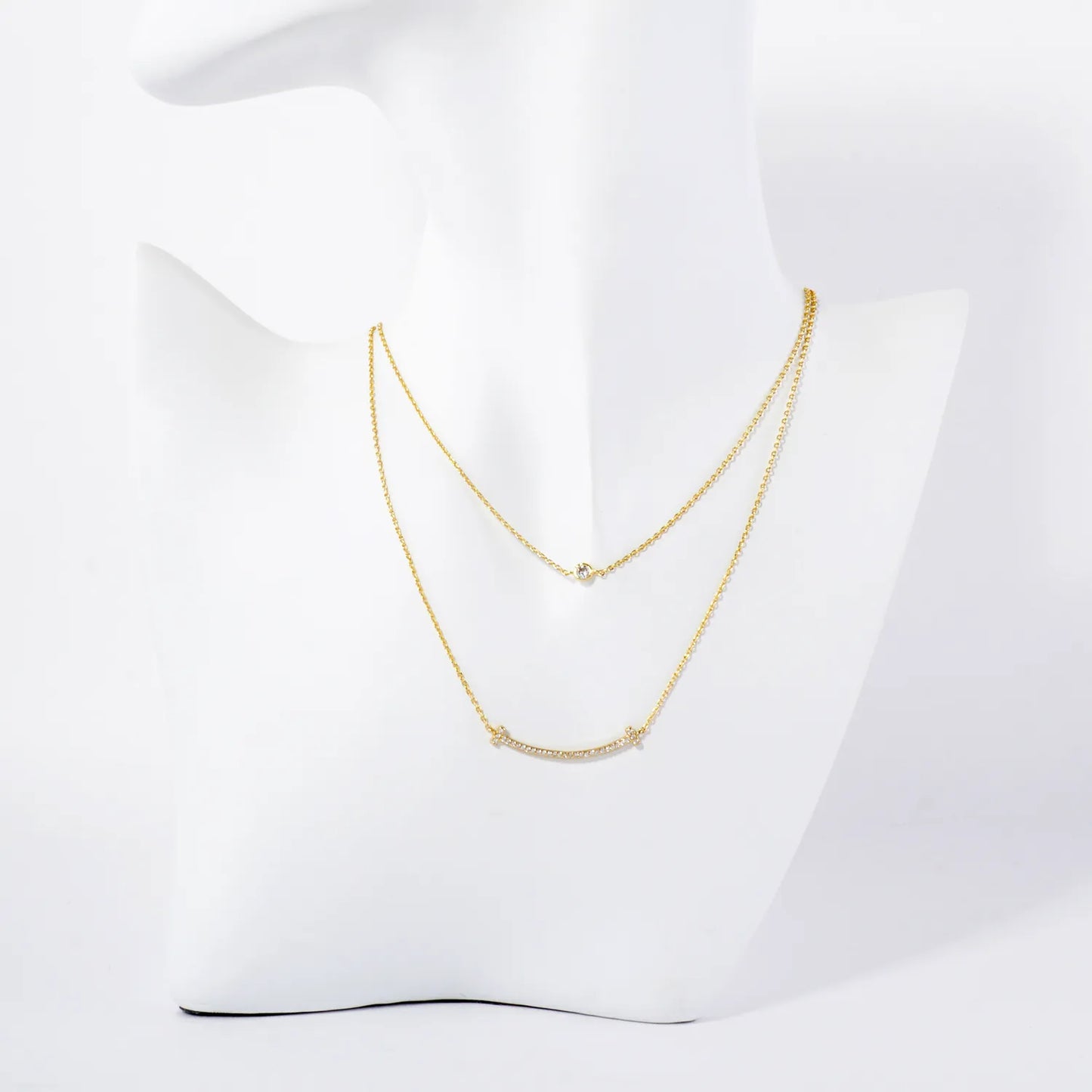 Pave-Set CZ T Smile Pendant 18K-Gold-Dipped Layered Necklace