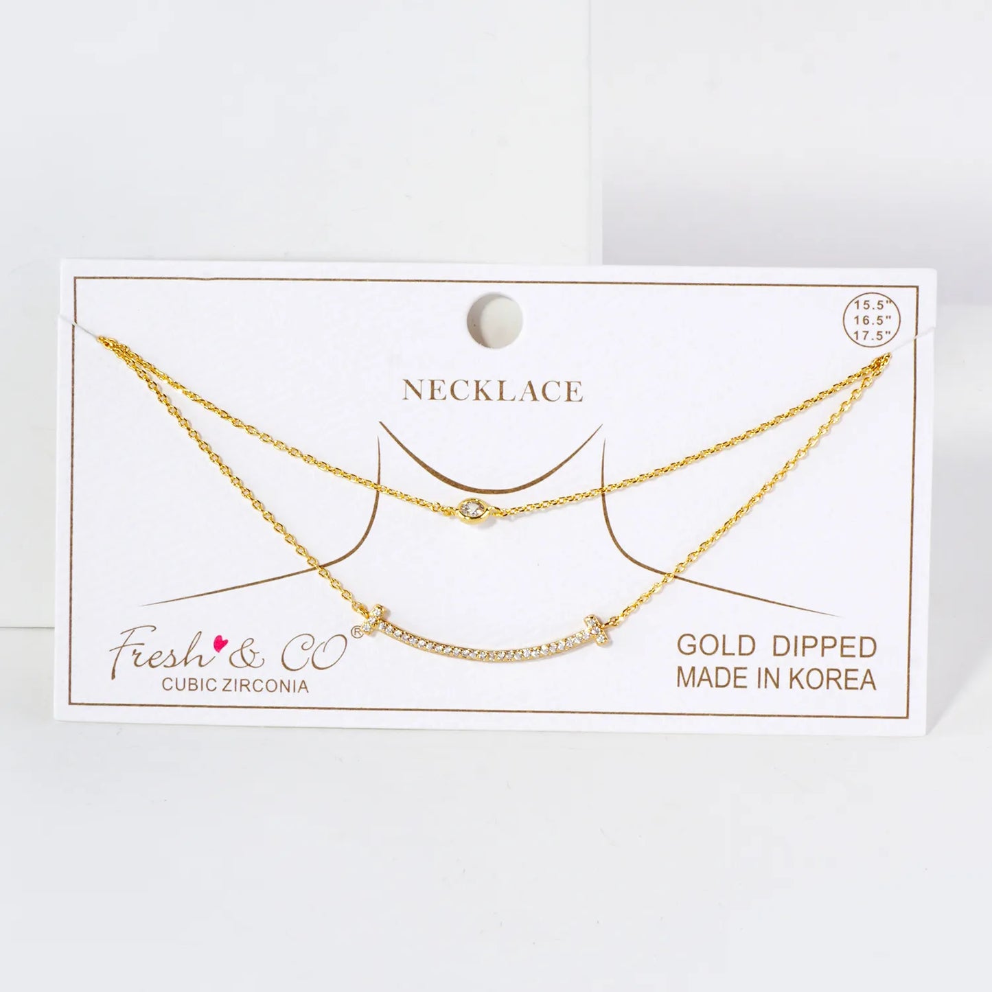 Pave-Set CZ T Smile Pendant 18K-Gold-Dipped Layered Necklace