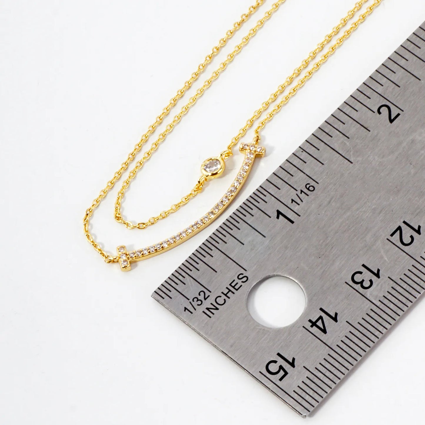 Pave-Set CZ T Smile Pendant 18K-Gold-Dipped Layered Necklace