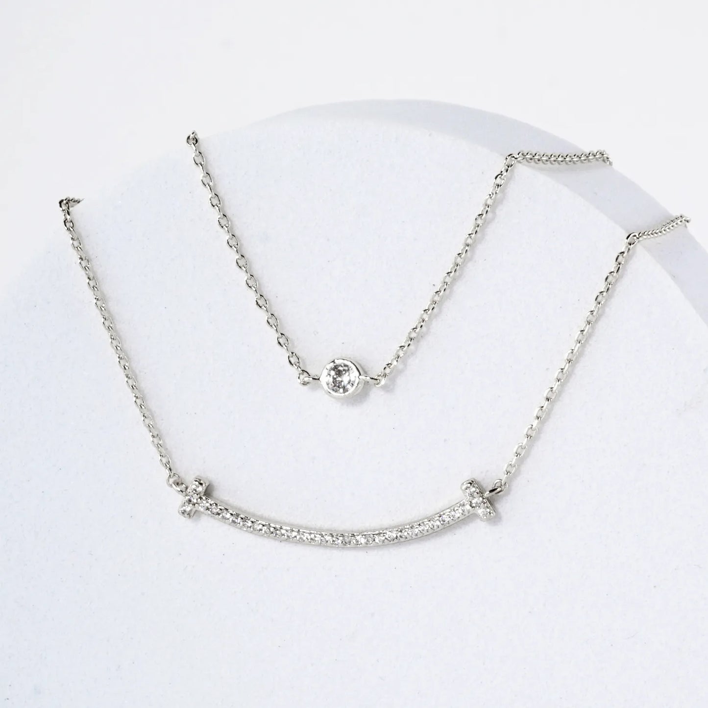 Pave-Set CZ T Smile Pendant 18K-Gold-Dipped Layered Necklace
